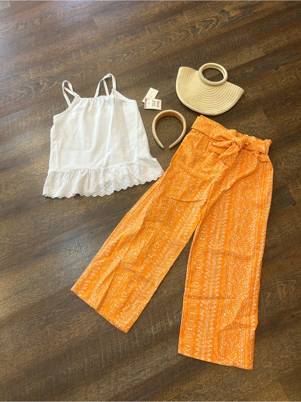 Max Studio Orange Printed Wide-Leg Paperbag Pants & White Tank Set 10/12